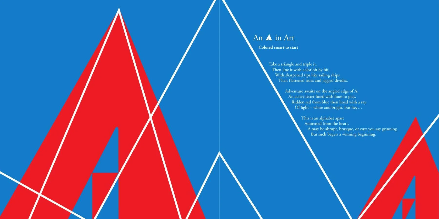 Letters spread for A, with a large red geometric A on blue opposite the poem An A in Art.