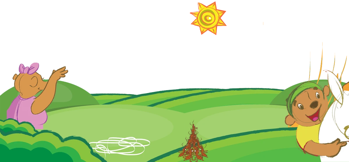 Teddy with a paper boat in the original Teddy Tracks landscape
