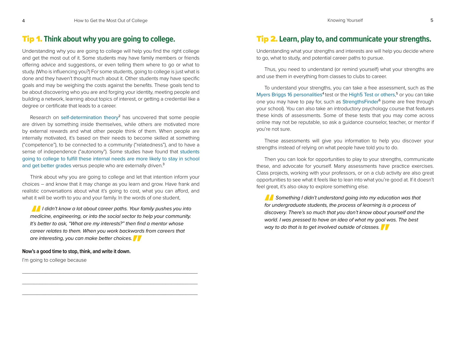 Actual facing pages 4 and 5 of How to Get the Most Out of College, with tips, quotations and a written reflection.