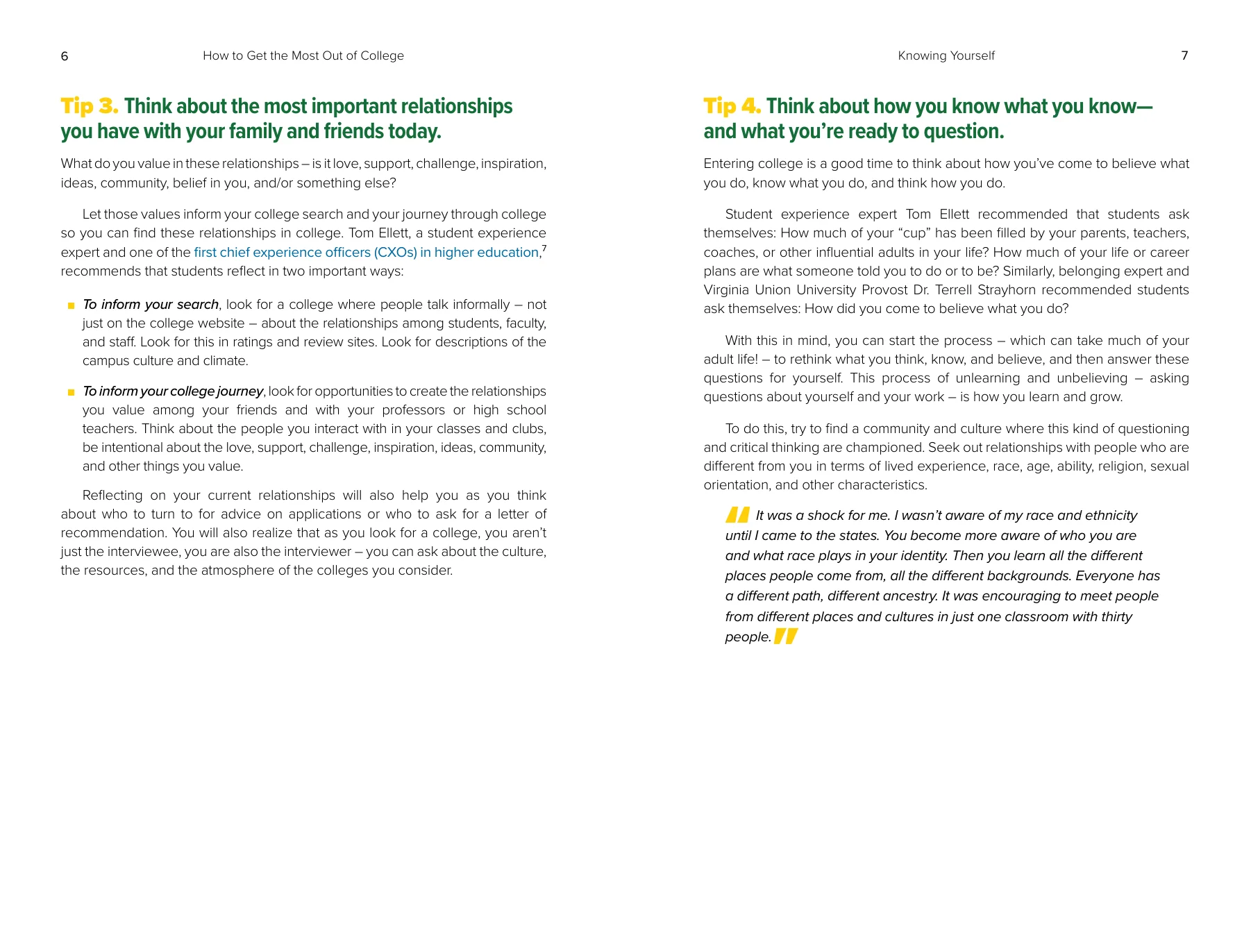 Actual facing pages 6 and 7 of How to Get the Most Out of College, about relationships and asking questions.